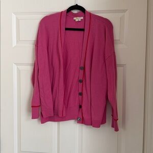 Boden Pink + Red Contrast Trim Button Cardigan, Wool + Cashmere Blend, Size 14